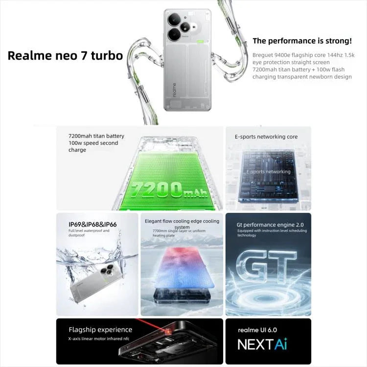 Realme Neo7 Turbo, 12GB+256GB, 6.8 inch Android 15 / Realme UI 6.0 MediaTek Dimensity 9400e Octa Core, NFC, Mạng: 5G, Hỗ trợ Google Play, 12GB+256GB