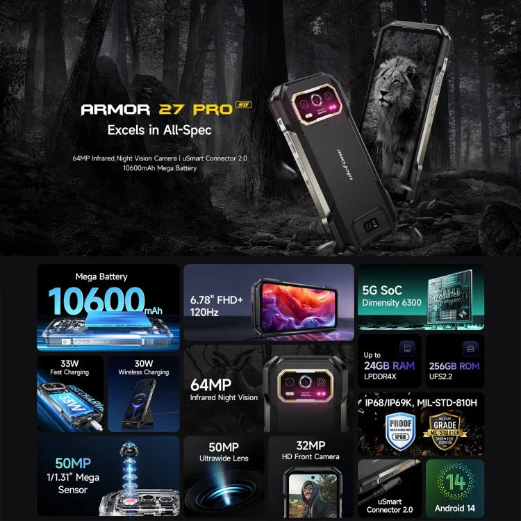 Điện thoại bền bỉ Ulefone Armor 27 Pro, 12GB+256GB, Tầm nhìn ban đêm, 10600mAh, 6.78 inch Android 14 MediaTek Dimensity 6300 Octa Core, Mạng: 5G, NFC, Armor 27 Pro