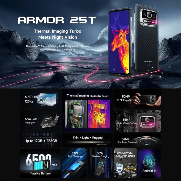 Điện thoại bền bỉ Ulefone Armor 25T, 6GB+256GB, Hình ảnh nhiệt, 6.78 inch Android 14 MediaTek Helio G99 Octa Core, Mạng: 4G, NFC, OTG, Armor 25T