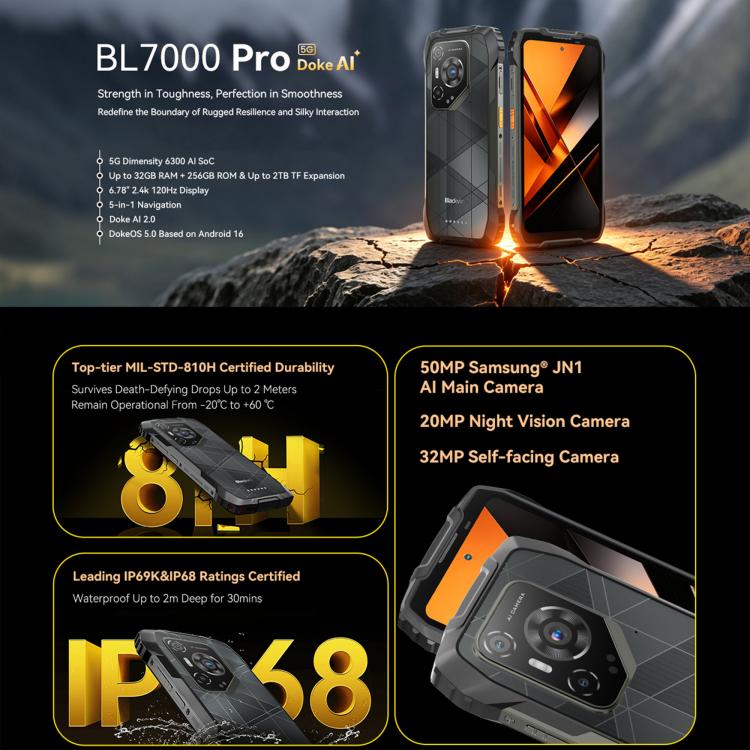 Điện thoại bền Blackview BL7000, 8GB+256GB, màn hình 6.78 inch Android 15 MediaTek Dimensity 6300 Octa Core, mạng: 5G, NFC, OTG, 8GB+256GB
