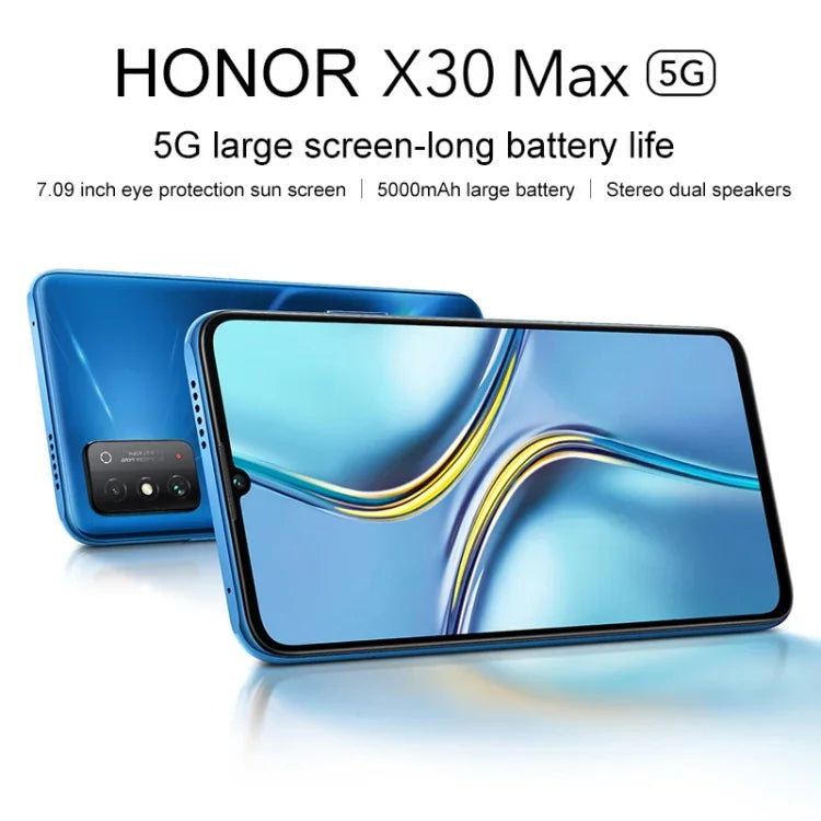 Điện thoại camera kép phía sau, nhận diện vân tay bên cạnh, pin 5000mAh, màn hình 7.09 inch Magic UI 5.0 (Android R) Dimensity 900 Octa Core lên đến 2.4GHz, mạng 5G, NFC, không hỗ trợ Google Play, X30 Max 5G 8GB+128GB