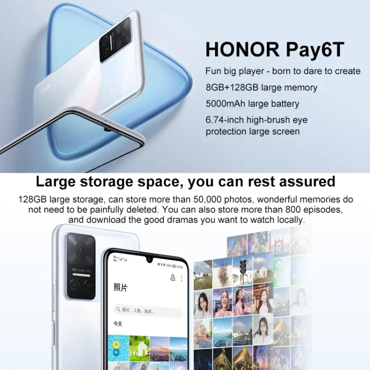Điện thoại camera ba phía sau, nhận diện vân tay bên cạnh, pin 5000mAh, màn hình 6.74 inch Magic UI 5.0 (Android 11) MediaTek Dimensity 700 Octa Core lên đến 2.2GHz, mạng 5G, OTG, không hỗ trợ Google Play, 8GB+128GB
