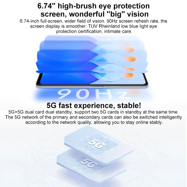 Điện thoại camera ba phía sau, nhận diện vân tay bên cạnh, pin 5000mAh, màn hình 6.74 inch Magic UI 5.0 (Android 11) MediaTek Dimensity 700 Octa Core lên đến 2.2GHz, mạng 5G, OTG, không hỗ trợ Google Play, 8GB+128GB