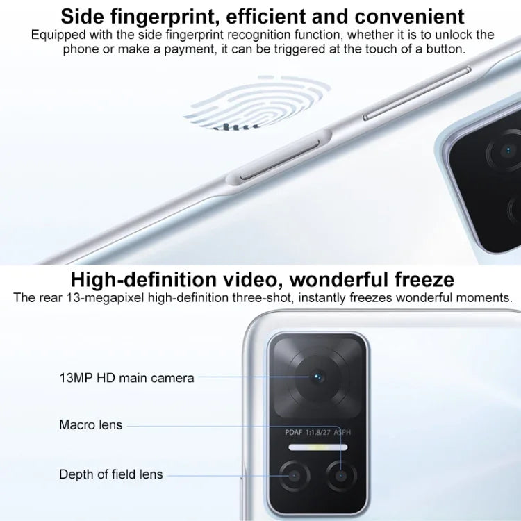 Điện thoại camera ba phía sau, nhận diện vân tay bên cạnh, pin 5000mAh, màn hình 6.74 inch Magic UI 5.0 (Android 11) MediaTek Dimensity 700 Octa Core lên đến 2.2GHz, mạng 5G, OTG, không hỗ trợ Google Play, 8GB+128GB