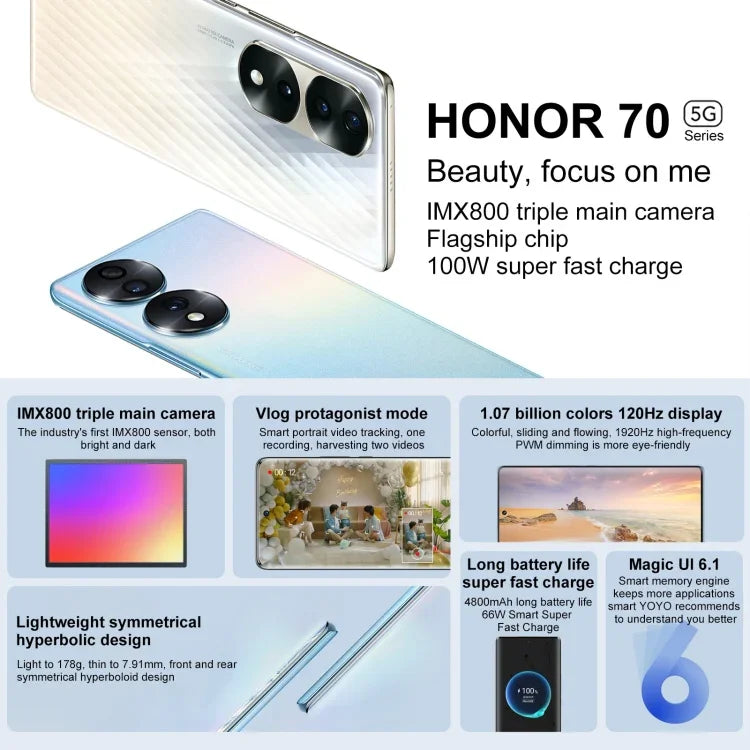 Ba camera sau, nhận diện vân tay trên màn hình, màn hình 6.67 inch Magic UI 6.1, Qualcomm Snapdragon 778G Plus Octa Core lên đến 2.5GHz, Mạng: 5G, OTG, NFC, Không hỗ trợ Google Play, Honor 70 5G 12GB+512GB