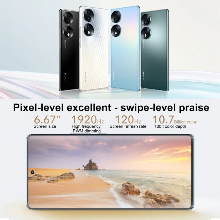 Ba camera sau, nhận diện vân tay trên màn hình, màn hình 6.67 inch Magic UI 6.1, Qualcomm Snapdragon 778G Plus Octa Core lên đến 2.5GHz, Mạng: 5G, OTG, NFC, Không hỗ trợ Google Play, Honor 70 5G 12GB+512GB