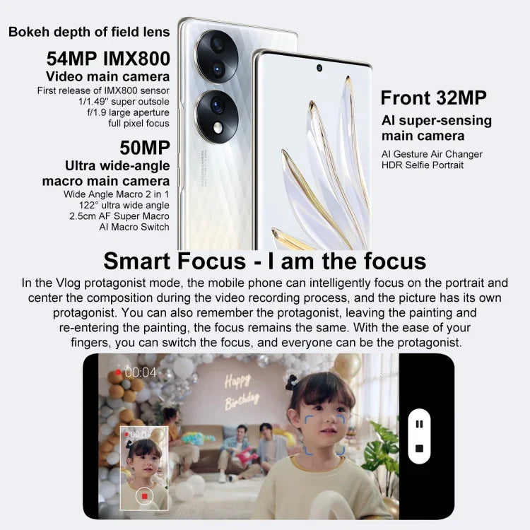 Ba camera sau, nhận diện vân tay trên màn hình, màn hình 6.67 inch Magic UI 6.1, Qualcomm Snapdragon 778G Plus Octa Core lên đến 2.5GHz, Mạng: 5G, OTG, NFC, Không hỗ trợ Google Play, Honor 70 5G 12GB+512GB