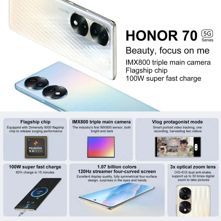 Ba camera sau, nhận diện vân tay trên màn hình, màn hình 6.78 inch Magic UI 6.1, Dimensity 9000 Octa Core lên đến 3.05GHz, Mạng: 5G, OTG, NFC, Không hỗ trợ Google Play, Honor 70 Pro+ 5G 8GB+256GB