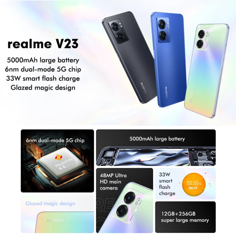 Hai camera sau, nhận diện vân tay bên cạnh, pin 5000mAh, màn hình 6.58 inch Realme UI 3.0 / Android 12, MediaTek Dimensity 810 Octa Core lên đến 2.4GHz, Mạng: 5G, Hỗ trợ Google Play, 12GB+256GB