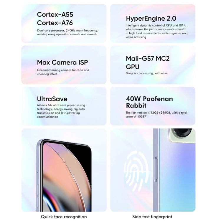 Hai camera sau, nhận diện vân tay bên cạnh, pin 5000mAh, màn hình 6.58 inch Realme UI 3.0 / Android 12, MediaTek Dimensity 810 Octa Core lên đến 2.4GHz, Mạng: 5G, Hỗ trợ Google Play, 12GB+256GB