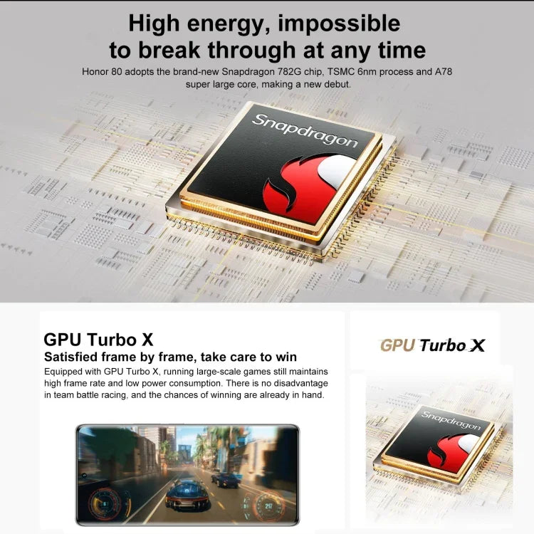 Ba camera sau, nhận diện vân tay trên màn hình, màn hình 6,67 inch Magic UI 7.0 Qualcomm Snapdragon 782G tám nhân lên đến 2,7GHz, Mạng: 5G, OTG, NFC, không hỗ trợ Google Play, Honor 80 5G, 8GB+256GB