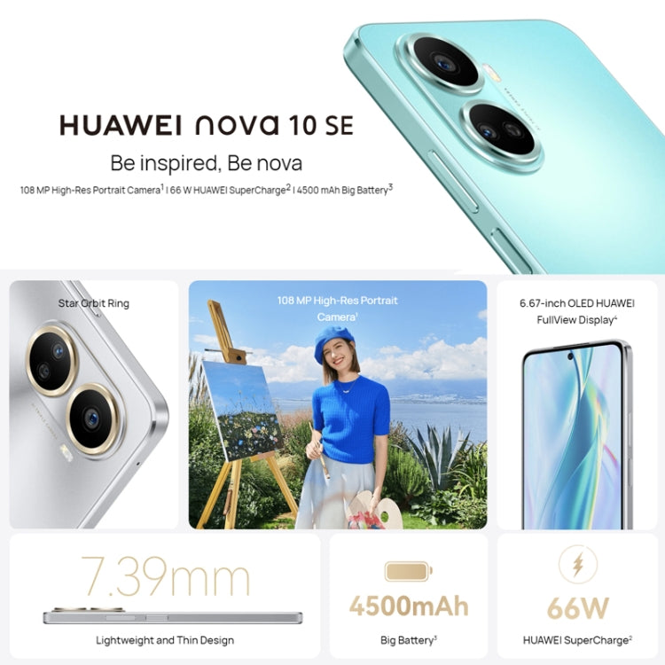 Ba camera sau + một camera trước, nhận diện vân tay cạnh bên, màn hình 6,67 inch HarmonyOS 2.0.1 Qualcomm Snapdragon 680 tám nhân, Mạng: 4G, OTG, NFC, không hỗ trợ Google Play, nova 10 SE 256GB