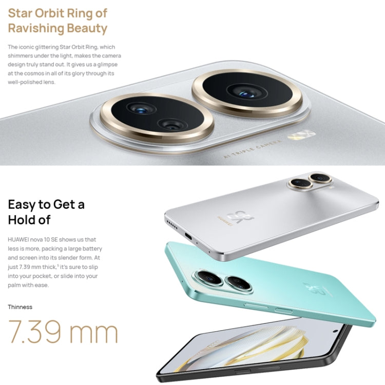 Ba camera sau + một camera trước, nhận diện vân tay cạnh bên, màn hình 6,67 inch HarmonyOS 2.0.1 Qualcomm Snapdragon 680 tám nhân, Mạng: 4G, OTG, NFC, không hỗ trợ Google Play, nova 10 SE 256GB