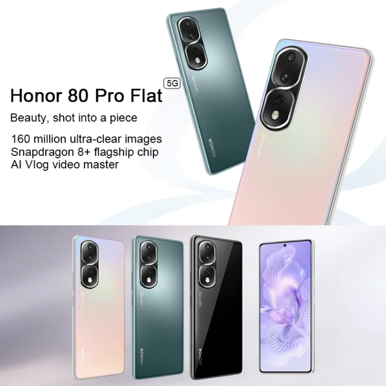 Ba camera sau, nhận diện vân tay trên màn hình, màn hình 6,67 inch Magic UI 7.0 Qualcomm Snapdragon 8+ Gen1 tám nhân lên đến 3,0GHz, Mạng: 5G, OTG, NFC, không hỗ trợ Google Play, Honor 80 Pro Flat 5G, 12GB+256GB