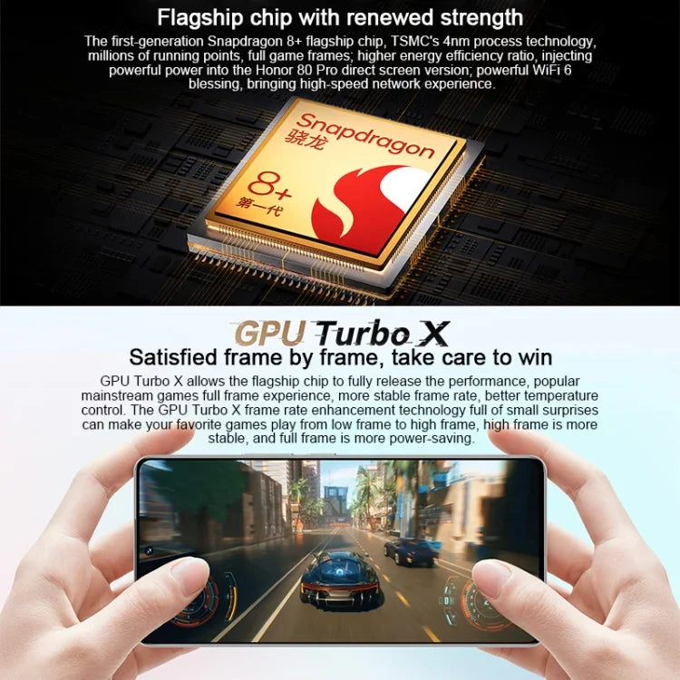Ba camera sau, nhận diện vân tay trên màn hình, màn hình 6,67 inch Magic UI 7.0 Qualcomm Snapdragon 8+ Gen1 tám nhân lên đến 3,0GHz, Mạng: 5G, OTG, NFC, không hỗ trợ Google Play, Honor 80 Pro Flat 5G, 12GB+256GB
