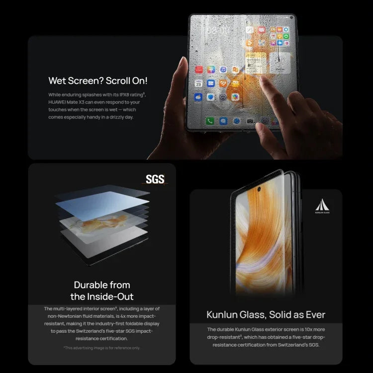 Ba camera, Face ID & nhận diện vân tay cạnh bên, pin 5060mAh, màn hình 7,85 inch + 6,4 inch, HarmonyOS 3.1 Snapdragon 8+ 4G tám nhân lên đến 3,2GHz, Mạng: 4G, OTG, NFC, không hỗ trợ Google Play, 1TB