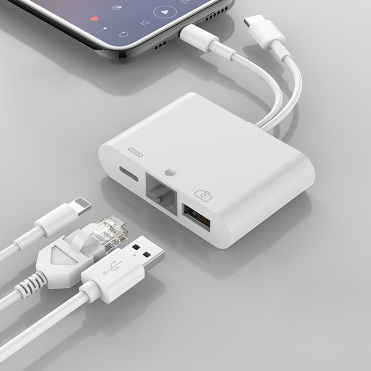 Bộ chuyển đổi giao diện NK-107 Pro 3 trong 1 USB-C / Type-C + 8 Pin đực sang USB + RJ45 + 8 Pin cái sạc, NK-107 Pro