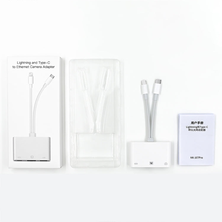 Bộ chuyển đổi giao diện NK-107 Pro 3 trong 1 USB-C / Type-C + 8 Pin đực sang USB + RJ45 + 8 Pin cái sạc, NK-107 Pro