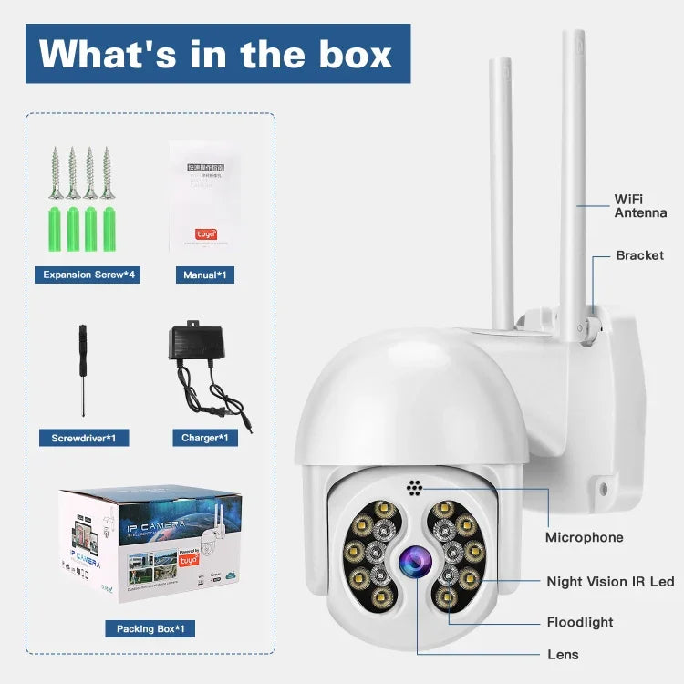 Tuya QX56 Camera IP Không Dây 2.4G IP66 Chống Nước 3.0 Triệu Điểm Ảnh, Hỗ Trợ Amazon Alexa & Google Home & Phát Hiện Chuyển Động & Âm Thanh Hai Chiều & Hồng Ngoại Ban Đêm Màu & Thẻ TF, Phích Cắm EU, Hỗ Trợ Amazon Alexa & Google Home