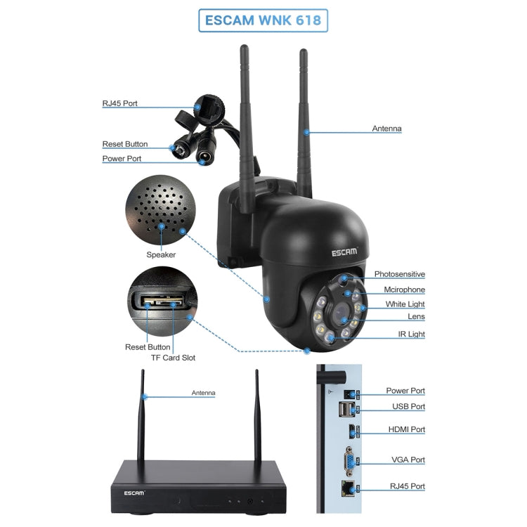 Hệ Thống Camera Dome Không Dây 8 Kênh ESCAM WNK618 3.0 Triệu Điểm HD NVR, Hỗ Trợ Phát Hiện Chuyển Động & Đàm Thoại Hai Chiều & Hồng Ngoại Màu Ban Đêm & Thẻ TF, Phích Cắm EU, WNK618