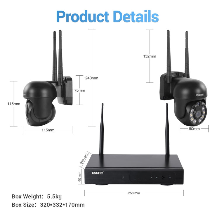 Hệ Thống Camera Dome Không Dây 8 Kênh ESCAM WNK618 3.0 Triệu Điểm HD NVR, Hỗ Trợ Phát Hiện Chuyển Động & Đàm Thoại Hai Chiều & Hồng Ngoại Màu Ban Đêm & Thẻ TF, Phích Cắm EU, WNK618