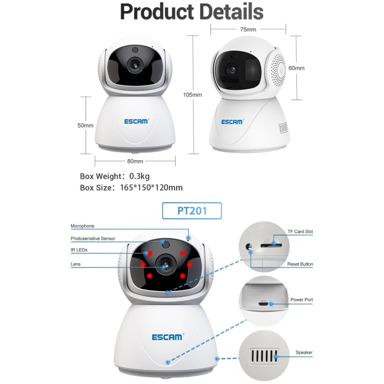 Camera IP WiFi băng tần kép ESCAM PT201 HD 1080P, hỗ trợ tầm nhìn ban đêm / phát hiện chuyển động / theo dõi tự động / thẻ TF / âm thanh hai chiều, phích cắm EU, PT201