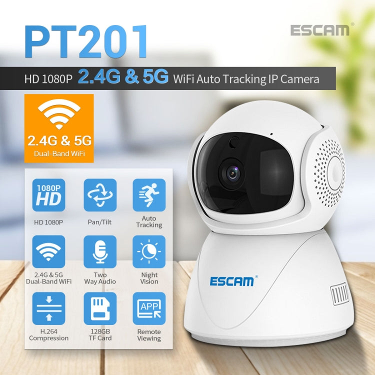 Camera IP WiFi băng tần kép ESCAM PT201 HD 1080P, hỗ trợ tầm nhìn ban đêm / phát hiện chuyển động / theo dõi tự động / thẻ TF / âm thanh hai chiều, phích cắm EU, PT201