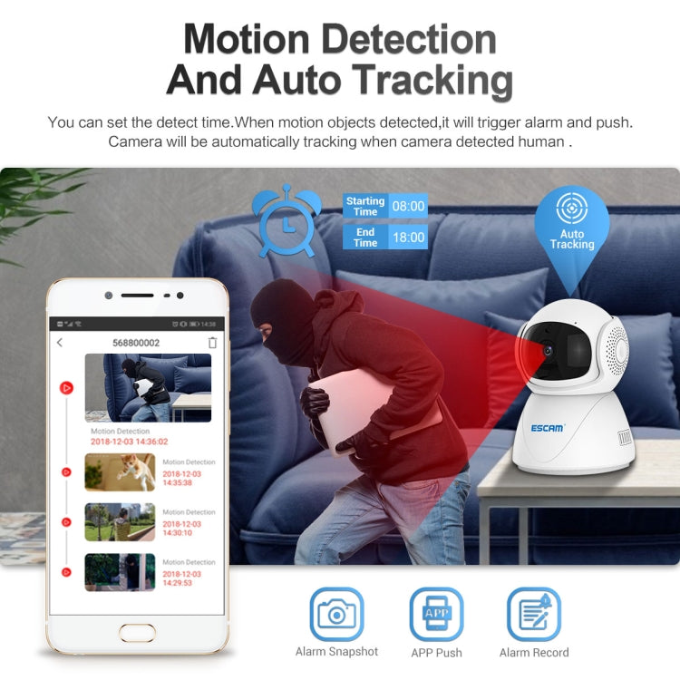 Camera IP WiFi băng tần kép ESCAM PT201 HD 1080P, hỗ trợ tầm nhìn ban đêm / phát hiện chuyển động / theo dõi tự động / thẻ TF / âm thanh hai chiều, phích cắm EU, PT201