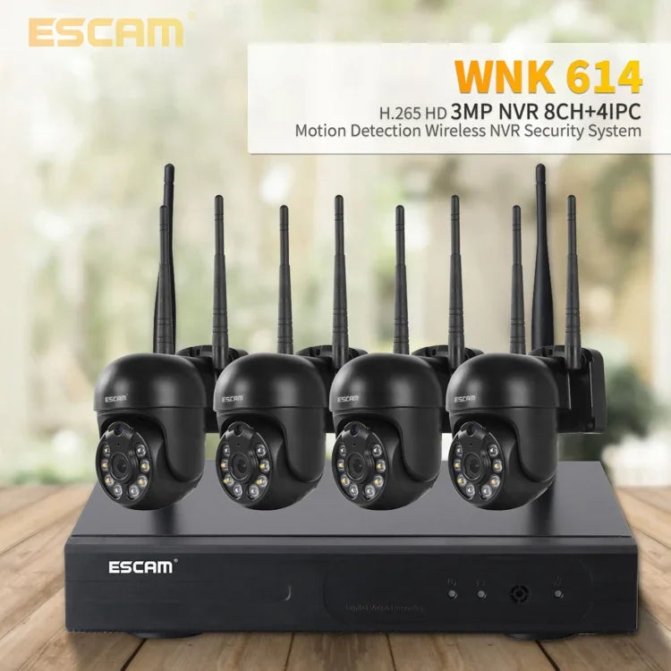 Hệ thống an ninh NVR không dây 8 kênh + 4 IPC 3.0 triệu điểm ảnh HD ESCAM WNK614, Phích cắm AU, WNK614