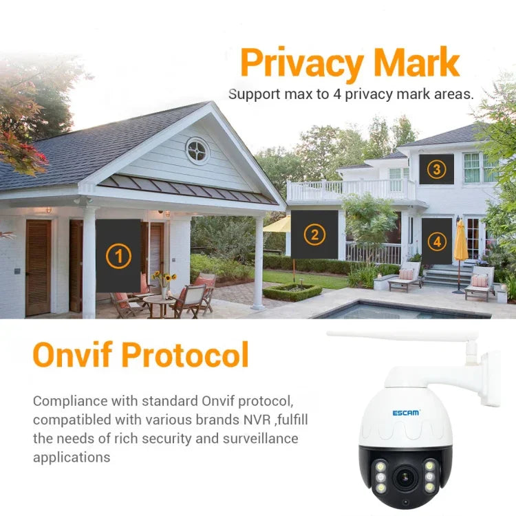 Camera IP chống nước ESCAM Q5068 H.265 5MP Pan / Tilt / Zoom 4X WiFi, Hỗ trợ ONVIF, Đàm thoại hai chiều & Quan sát ban đêm, Phích cắm AU, Phích cắm UK, Phích cắm US, Phích cắm EU, Phích cắm AU