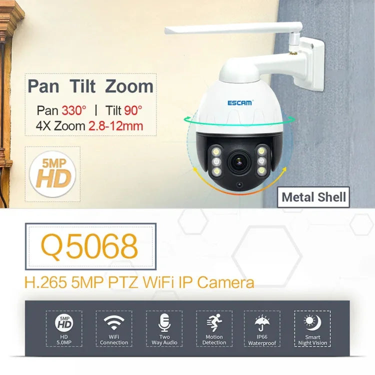 Camera IP chống nước ESCAM Q5068 H.265 5MP Pan / Tilt / Zoom 4X WiFi, Hỗ trợ ONVIF, Đàm thoại hai chiều & Quan sát ban đêm, Phích cắm AU, Phích cắm UK, Phích cắm US, Phích cắm EU, Phích cắm AU