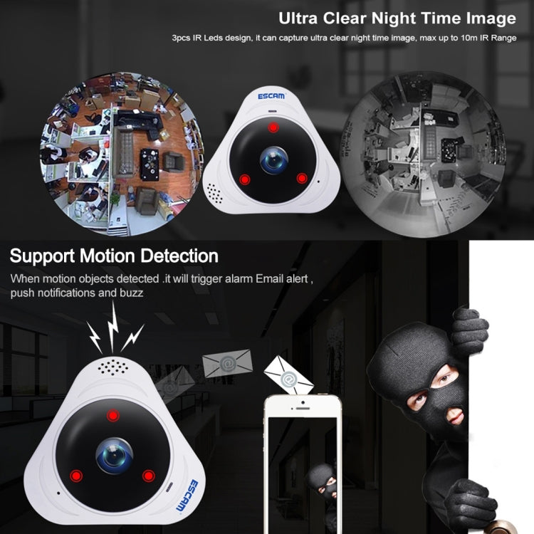 Camera IP WiFi ESCAM Q8 960P Ống Kính Fisheye 360 Độ 1.3MP, Hỗ Trợ Phát Hiện Chuyển Động / Tầm Nhìn Ban Đêm, Khoảng Cách IR: 5-10m, Phích Cắm AU, Q8 Phích Cắm US, Q8 Phích Cắm AU, Q8 Phích Cắm EU, Q8 Phích Cắm UK