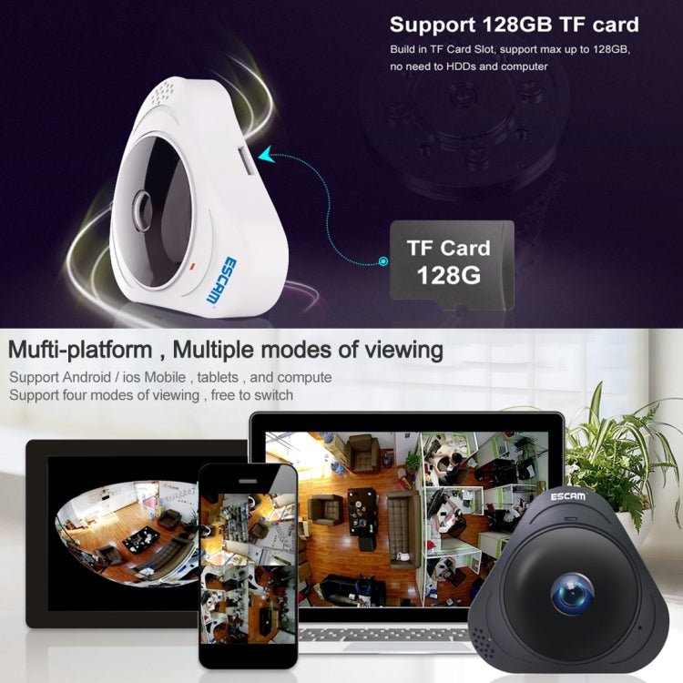 Camera IP WiFi ESCAM Q8 960P Ống Kính Fisheye 360 Độ 1.3MP, Hỗ Trợ Phát Hiện Chuyển Động / Tầm Nhìn Ban Đêm, Khoảng Cách IR: 5-10m, Phích Cắm AU, Q8 Phích Cắm US, Q8 Phích Cắm AU, Q8 Phích Cắm EU, Q8 Phích Cắm UK
