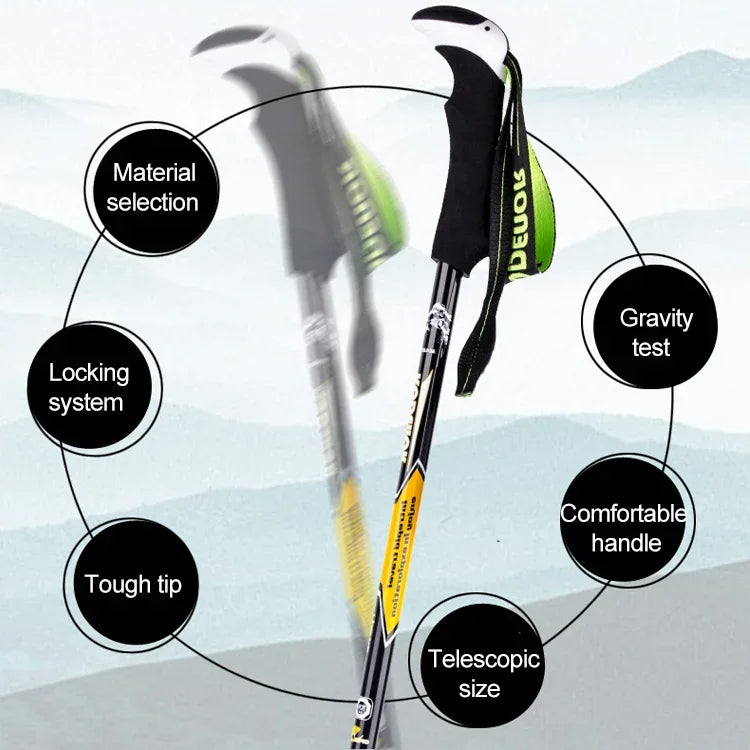 Gậy leo núi ngoài trời KODENOR, gậy trekking sợi carbon gập gọn, tay cầm thẳng, chiều dài: 63-135CM, màu đen + xanh lá, màu đen xanh dương, màu đen vàng