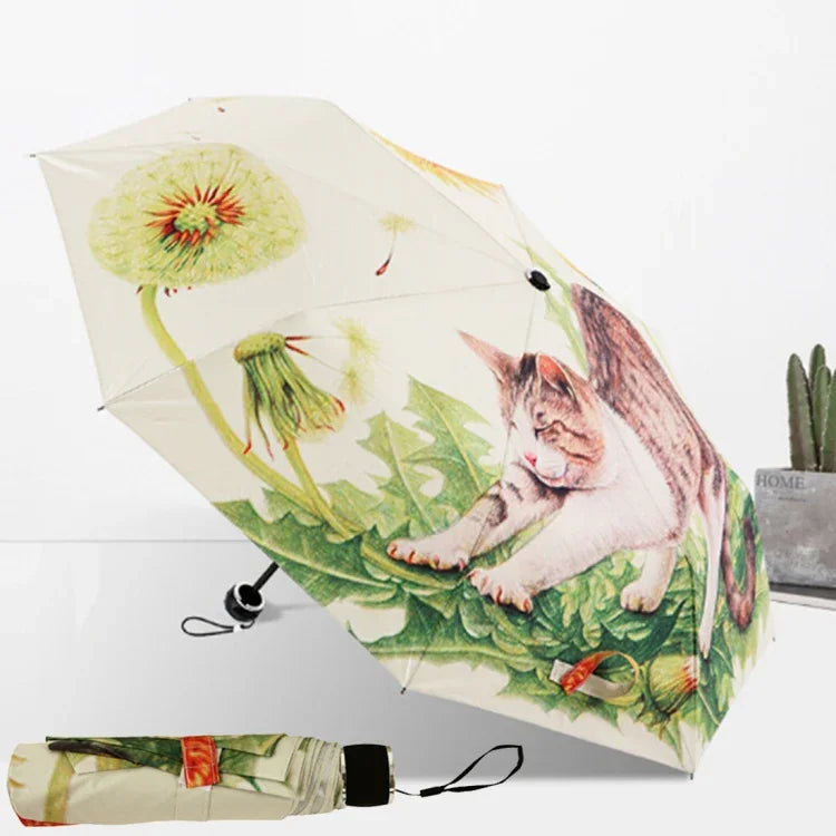 Ô che nắng chống tia UV kiểu gấp ba họa tiết mèo lười thời trang sáng tạo, ô băng keo bạc họa tiết mèo