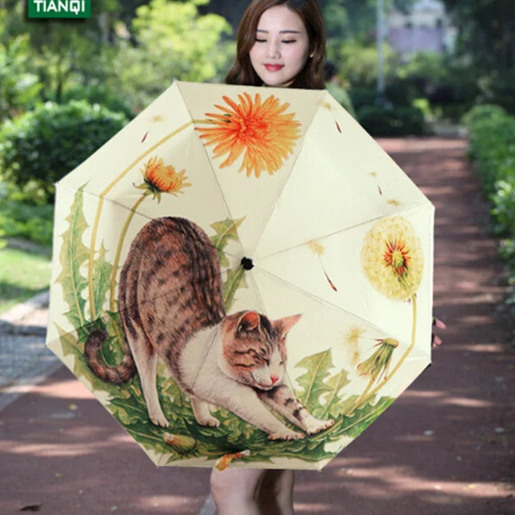 Ô che nắng chống tia UV kiểu gấp ba họa tiết mèo lười thời trang sáng tạo, ô băng keo bạc họa tiết mèo