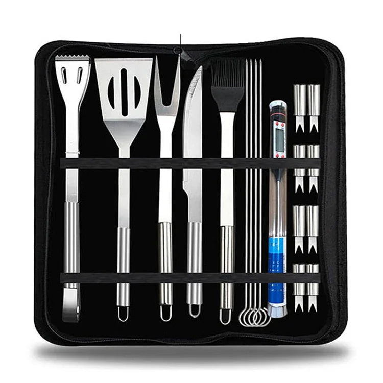 Bộ dụng cụ ăn uống ngoài trời 18 trong 1, bộ dụng cụ cắm trại, nướng BBQ, dã ngoại kèm nhiệt kế, 18 trong 1, có nhiệt kế