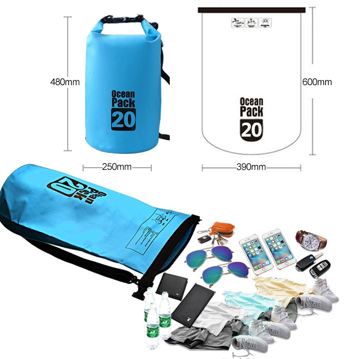 Túi đeo vai đôi chống nước ngoài trời, túi khô, túi thùng PVC, dung tích: 20L, dung tích: 20L (Xanh da trời), dung tích: 20L (Vàng), dung tích: 20L (Đen), dung tích: 20L (Xanh đậm), dung tích: 20L (Cam), dung tích: 20L (Hồng), dung tích: 20L (Xanh lá)