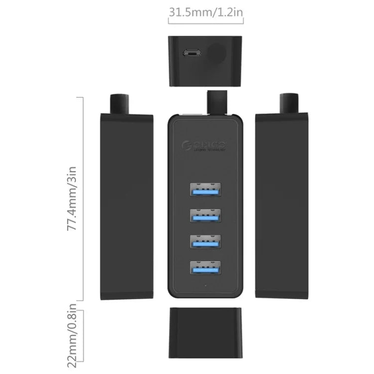 ORICO W5P-U3-30 Bộ chia USB 3.0 để bàn 4 cổng với cáp Micro USB 30cm nguồn điện, W5P-U3-30 Màu đen