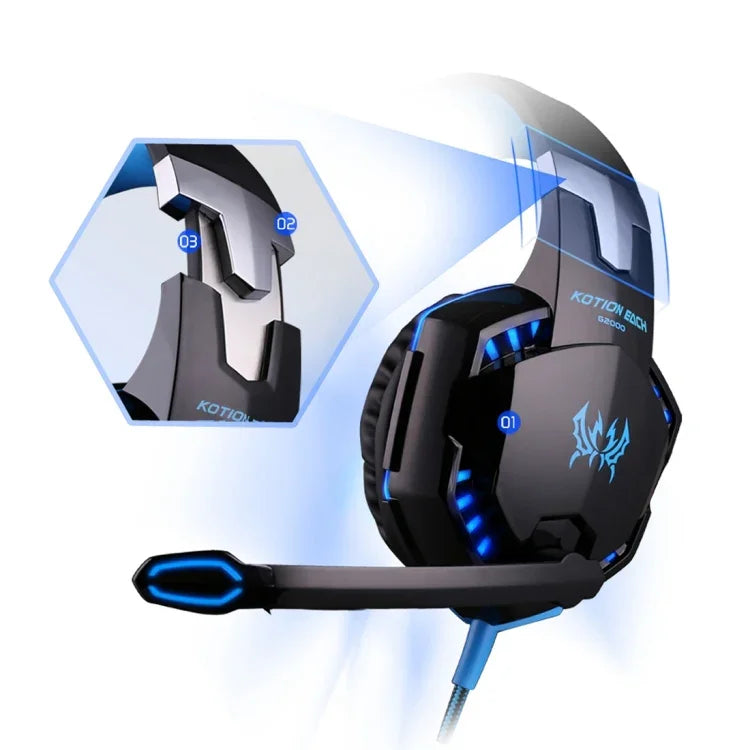 Tai nghe chụp tai chơi game KOTION EACH G2000 với mic, âm thanh nổi bass LED cho PC Gamer, chiều dài cáp: khoảng 2.2m (Trắng + Đỏ), G2000