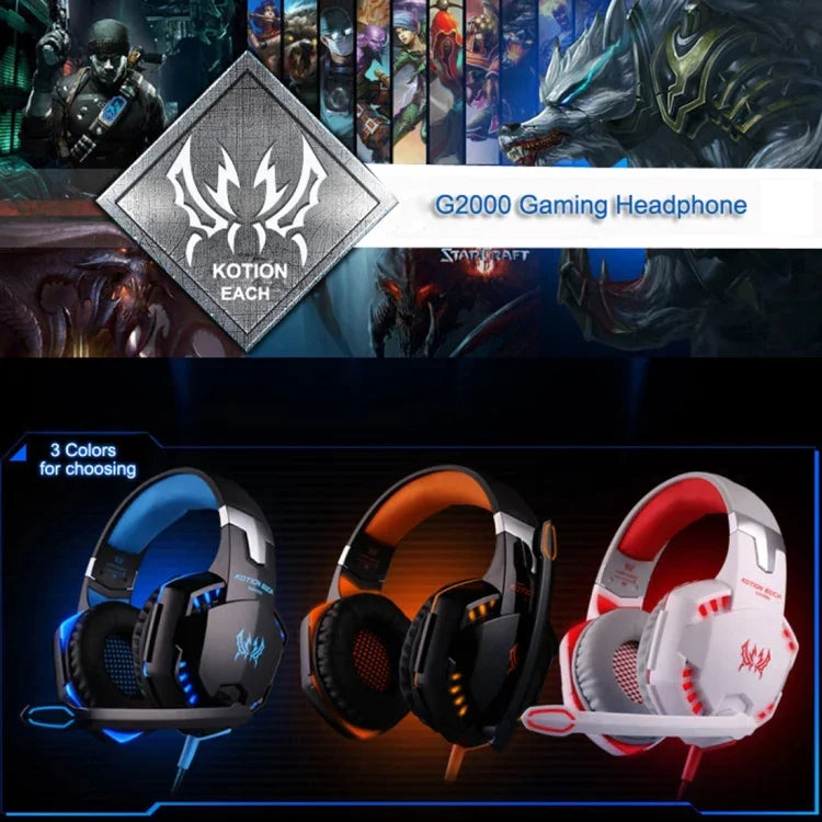 Tai nghe chụp tai chơi game KOTION EACH G2000 với mic, âm thanh nổi bass LED cho PC Gamer, chiều dài cáp: khoảng 2.2m (Trắng + Đỏ), G2000