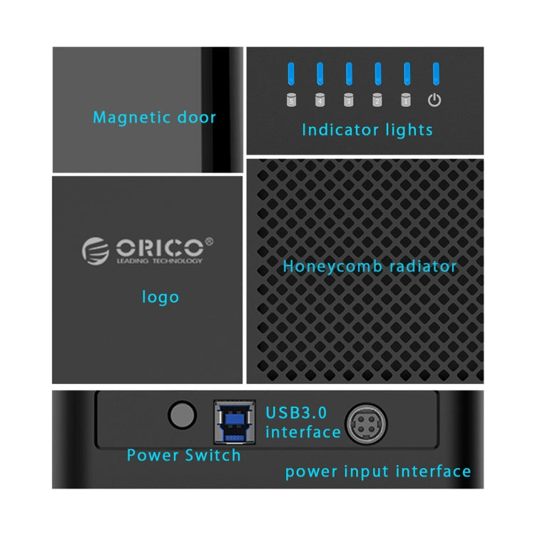 Vỏ ổ cứng USB 3.0 loại từ tính ORICO DS500U3 3.5 inch 5 khoang có đèn LED xanh, USB 3.0