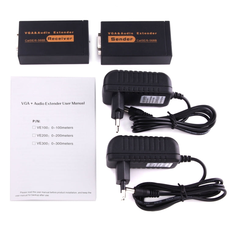 Bộ mở rộng VGA & âm thanh 1920x1440 HD 100m cáp mạng Cat5e / 6-568B, Bộ phát nhận tín hiệu, Khoảng cách truyền: 100m
