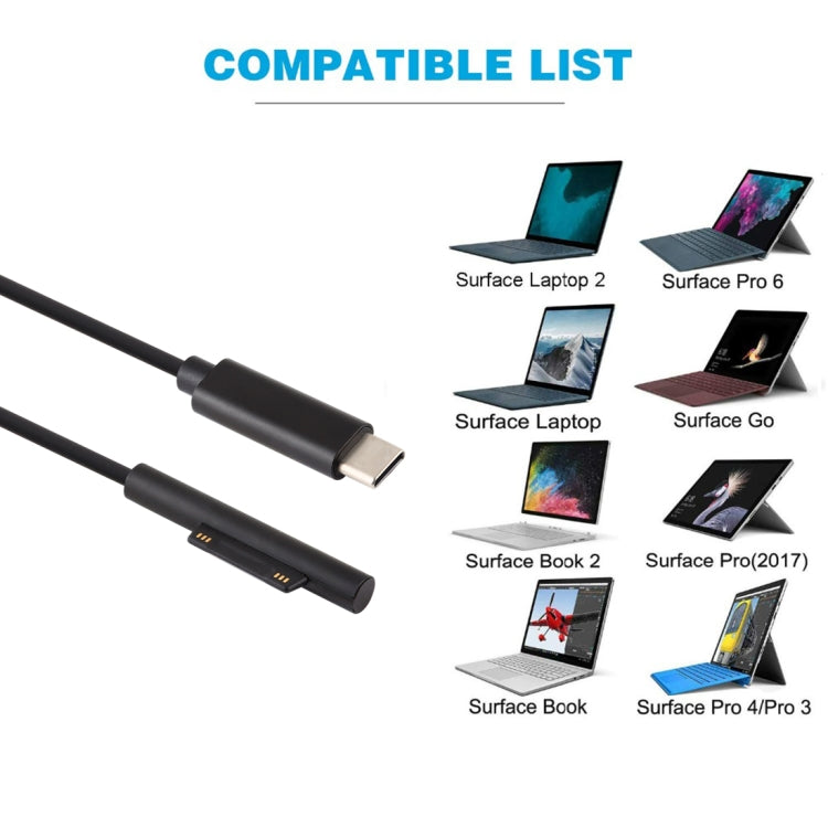 Cáp sạc nguồn laptop USB-C / Type-C đầu nam châm 6 chân cho Microsoft Surface Pro 7 / 6 / 5, chiều dài cáp: khoảng 1.5m, dành cho Microsoft Surface Pro 7 / 6 / 5