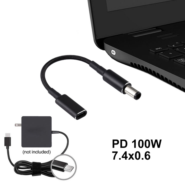 Cáp bện nylon PD 100W 18.5-20V đầu 7.4 x 0.6mm sang USB-C / Type-C cho HP, 7.4 x 0.6mm