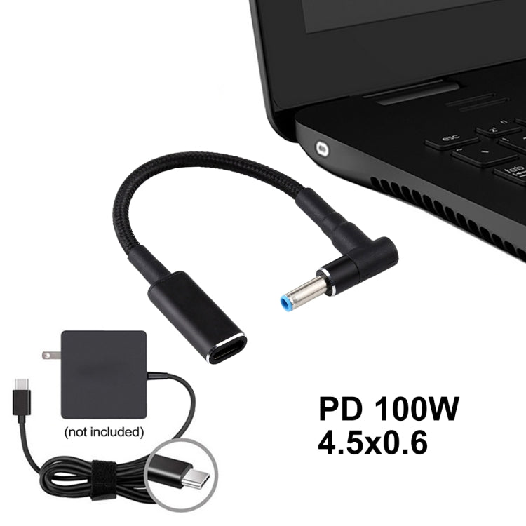 Cáp chuyển đổi PD 100W 18.5-20V 4.5 x 0.6mm chữ L sang USB-C / Type-C bện nylon cho HP, 4.5 x 0.6mm