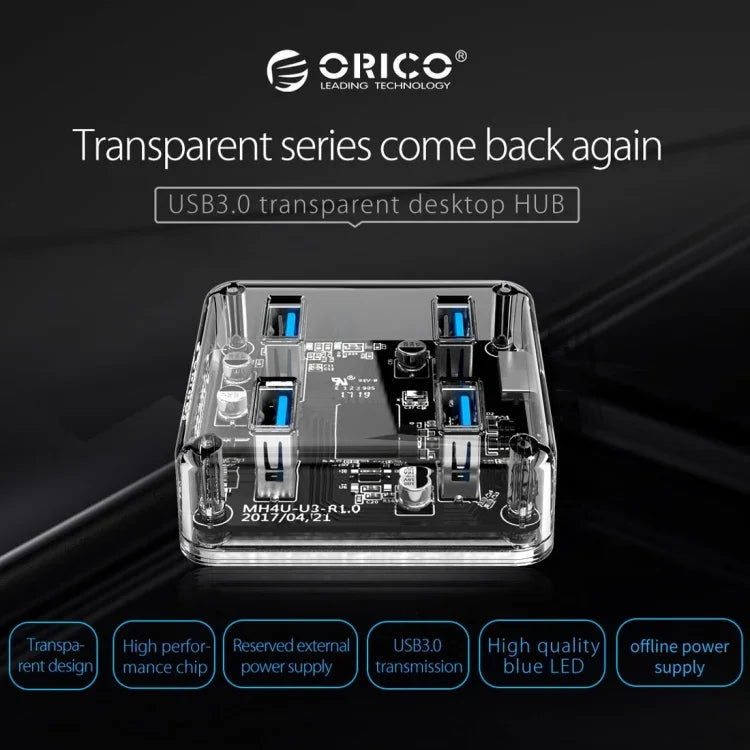 ORICO MH4U-100 Bộ chia USB 3.0 trong suốt để bàn với cáp Micro USB 100cm, MH4U-100