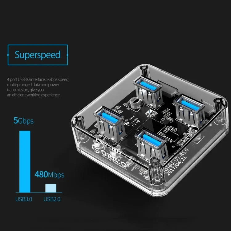 ORICO MH4U-100 Bộ chia USB 3.0 trong suốt để bàn với cáp Micro USB 100cm, MH4U-100
