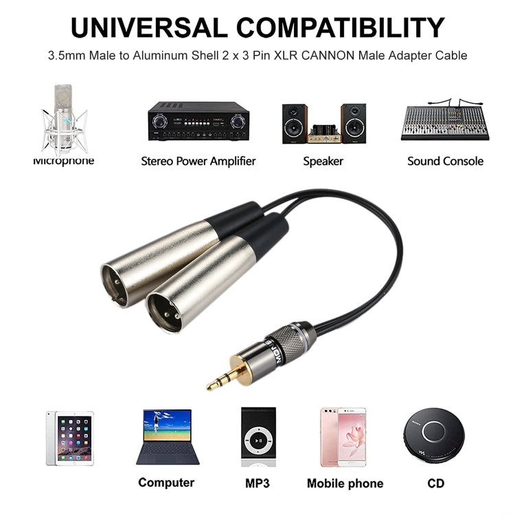 Cáp chuyển đổi đầu nối âm thanh XLR CANNON đực 3.5mm đầu kim loại vỏ nhôm 2 x 3 chân, chiều dài tổng khoảng 25cm, 2 x 3 chân đực