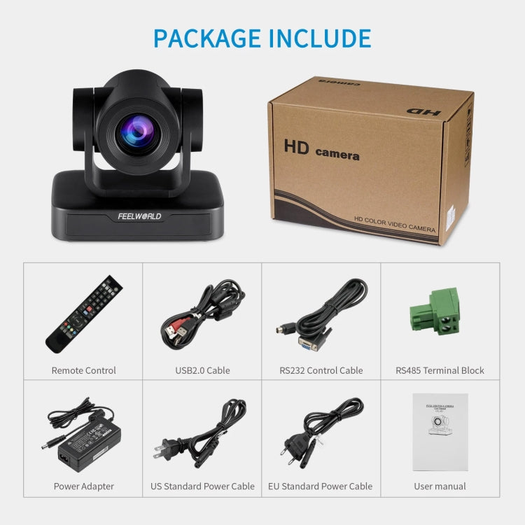 Camera hội nghị video PTZ USB FEELWORLD USB10X zoom quang 10X 1080P, phích cắm EU và Mỹ, USB10X